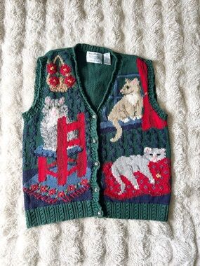 Signatures by Northern Isles Vintage Sweater Vest Hand Knit Cat Print Button Up